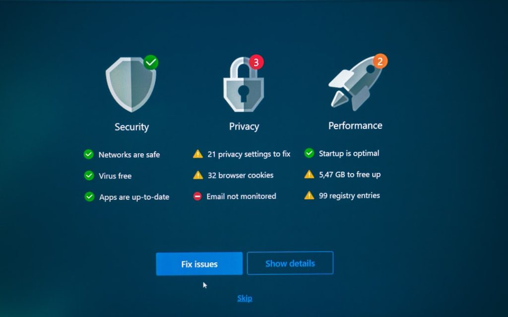 Remote IT support dashboard showing security, privacy, and performance status with fix options.